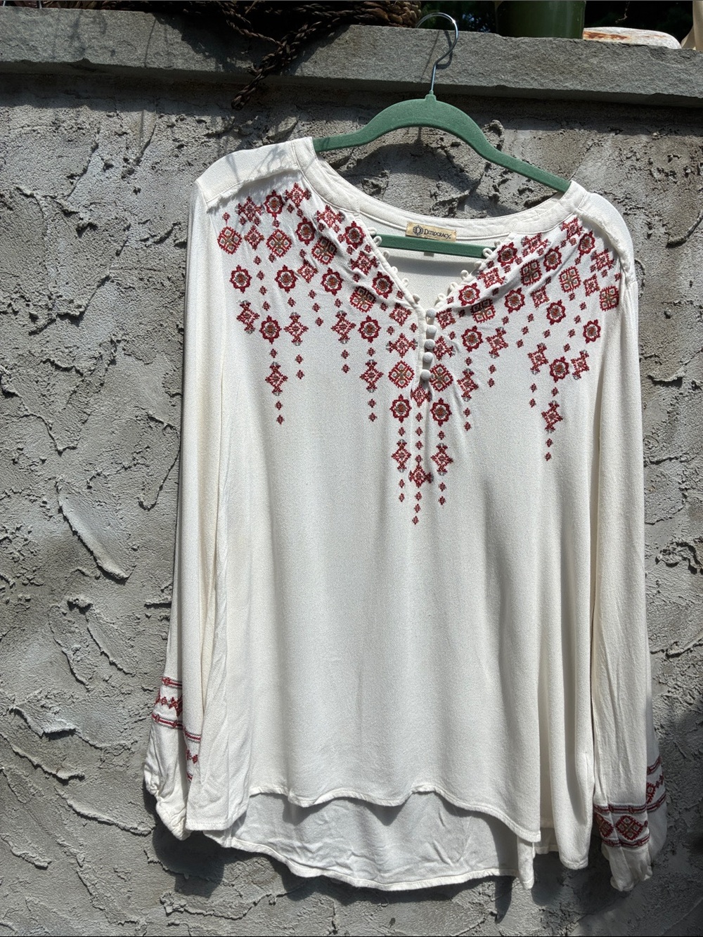 Democracy Cream V Neck Button Gauze Tunic Red embroidery Hippie Sz XL